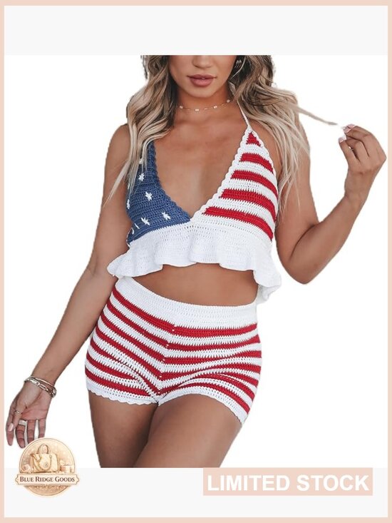 Other - American Flag Knitted 2 Piece Set V Neck Cropped Cami and Shorts Patriotic